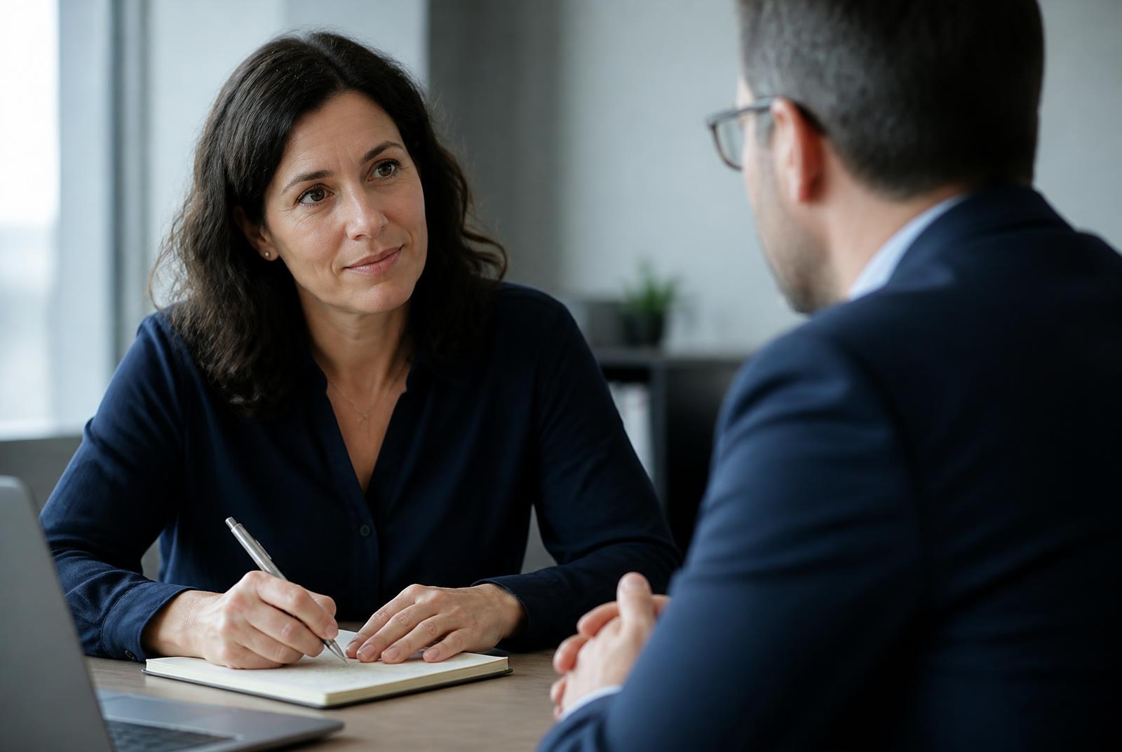 Beratungsgespräch an einem Schreibtisch, eine Person macht Notizen