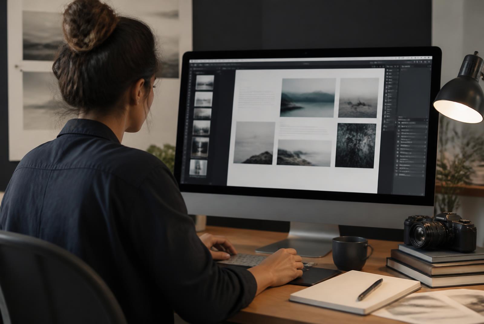 Person gestaltet ein Layout mit Bildern und Text an einem großen Monitor