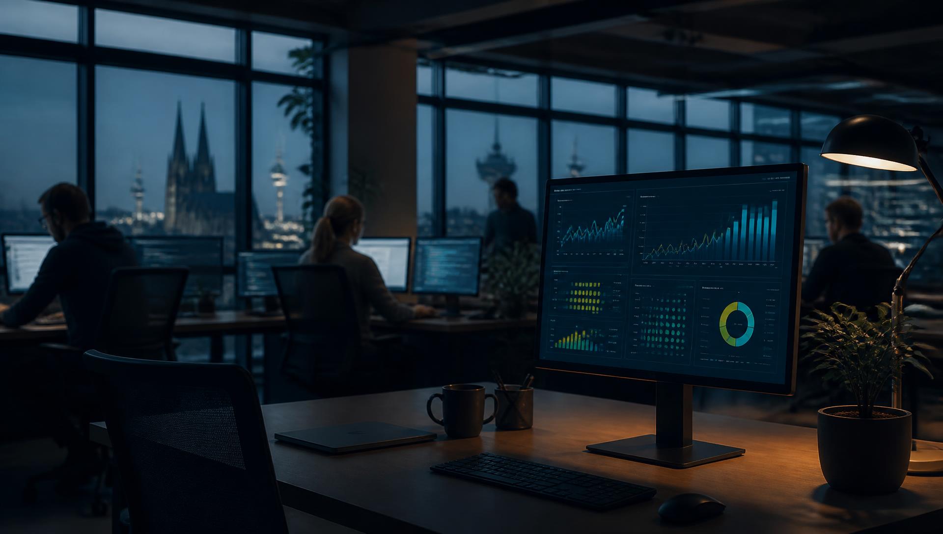 Arbeitsplätze einer Digitalagentur am Abend, im Vordergrund ein Monitor mit Auswertungen