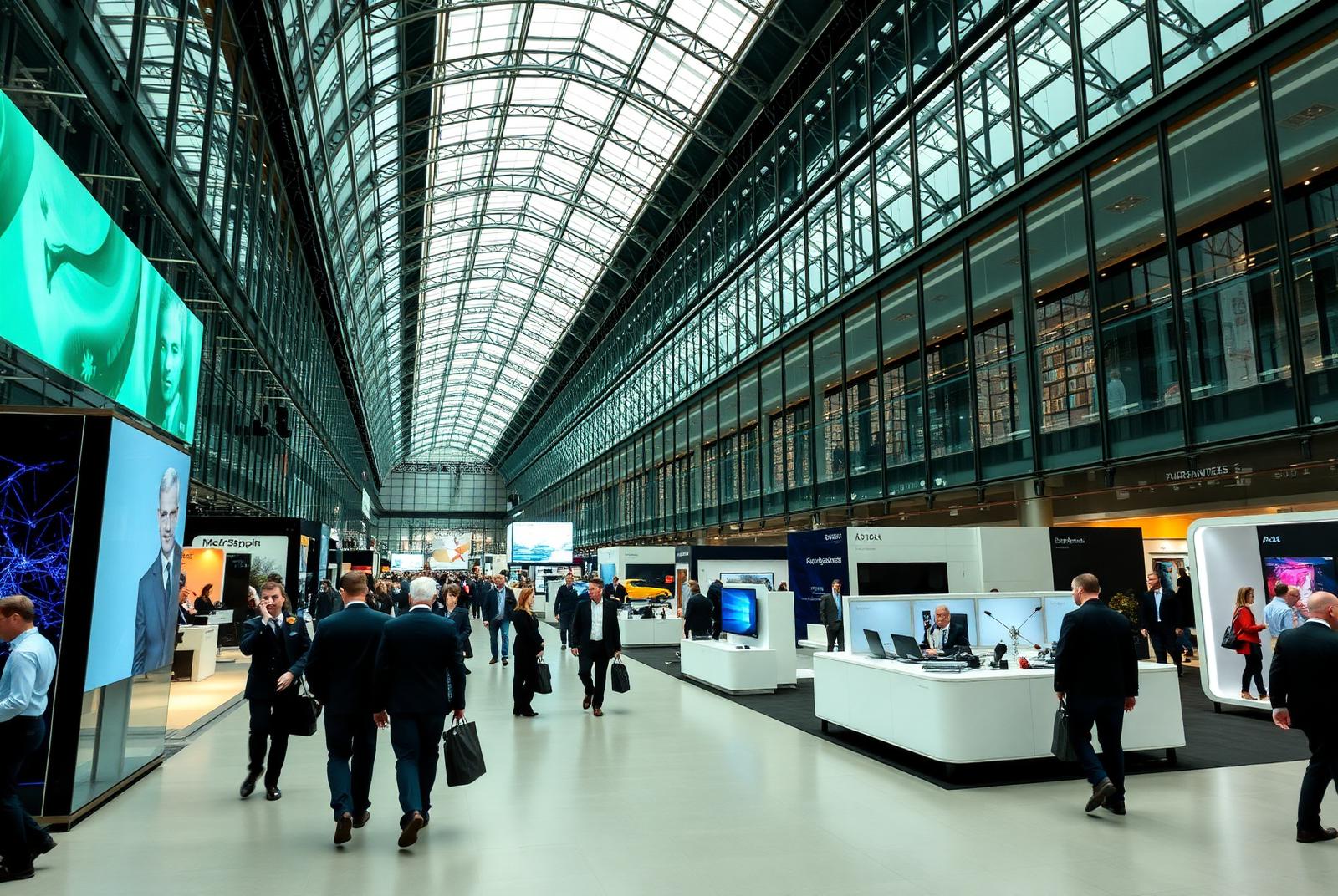Besucherinnen und Besucher in einer Messehalle mit Ständen und Bühnenbereich