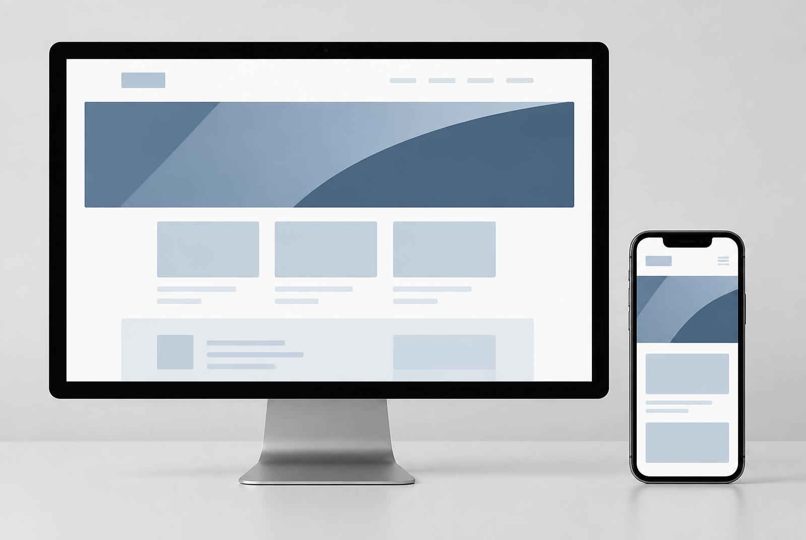 Monitor und Smartphone nebeneinander mit schematischen Websites und Werbeflächen